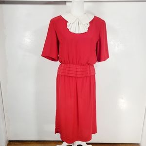 Vintage Red Blouson Maxi Dress, White Ruffle Collar, Pleated Waist, Size 12
